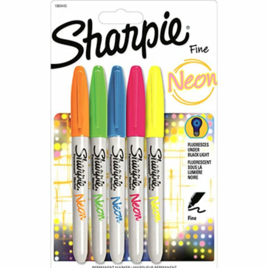 School & Office Goods * | New Threads Sharpie 1860443 Fine Point Neon Permanent Marker, Assorted Colors, 5-